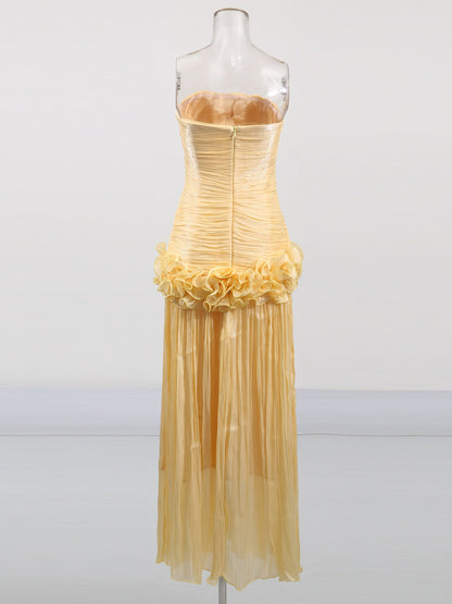 Elegant Yellow Strapless Maxi Dress with Ruffled Detail - SISPELL