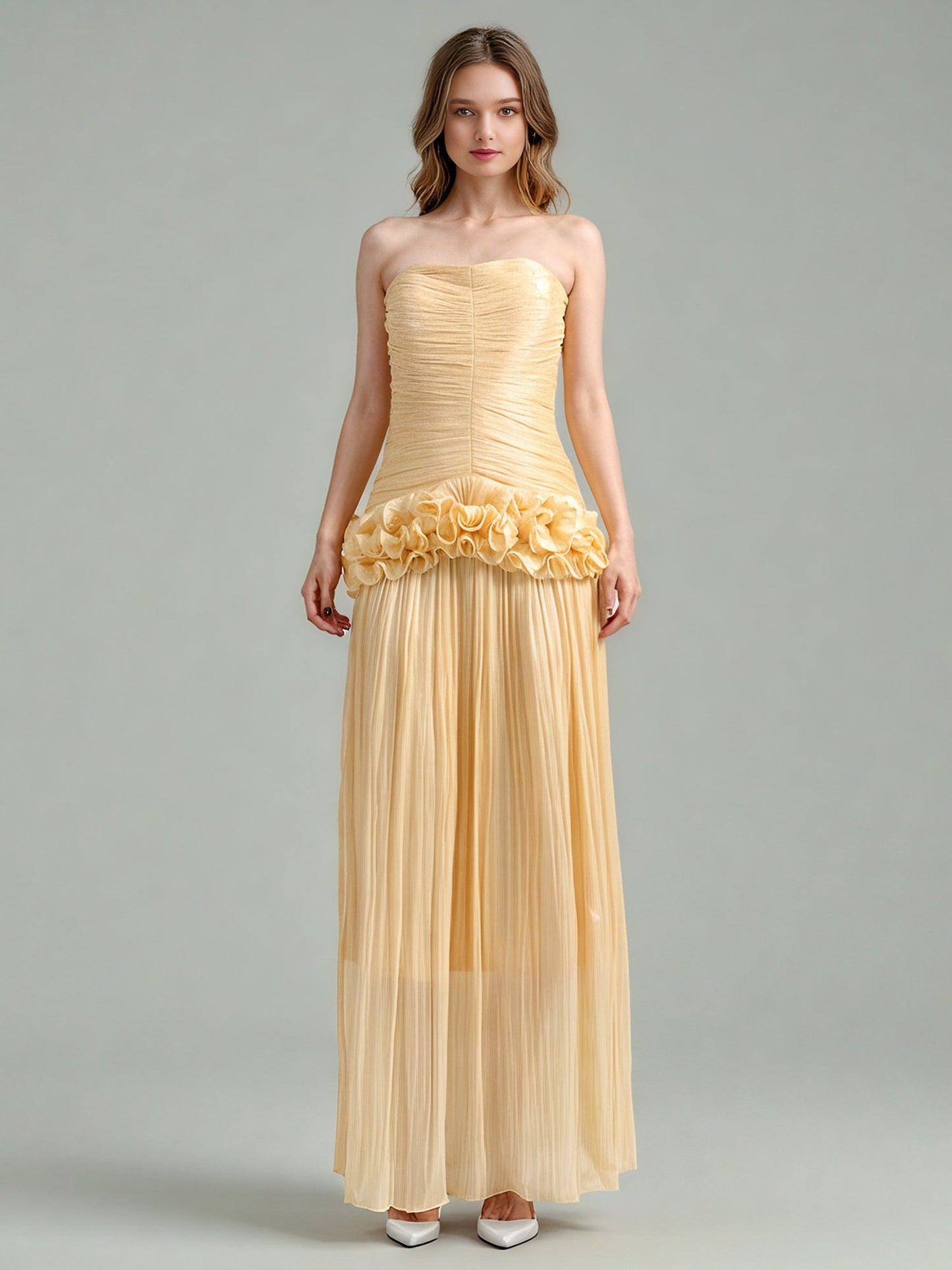 Elegant Yellow Strapless Maxi Dress with Ruffled Detail - SISPELL