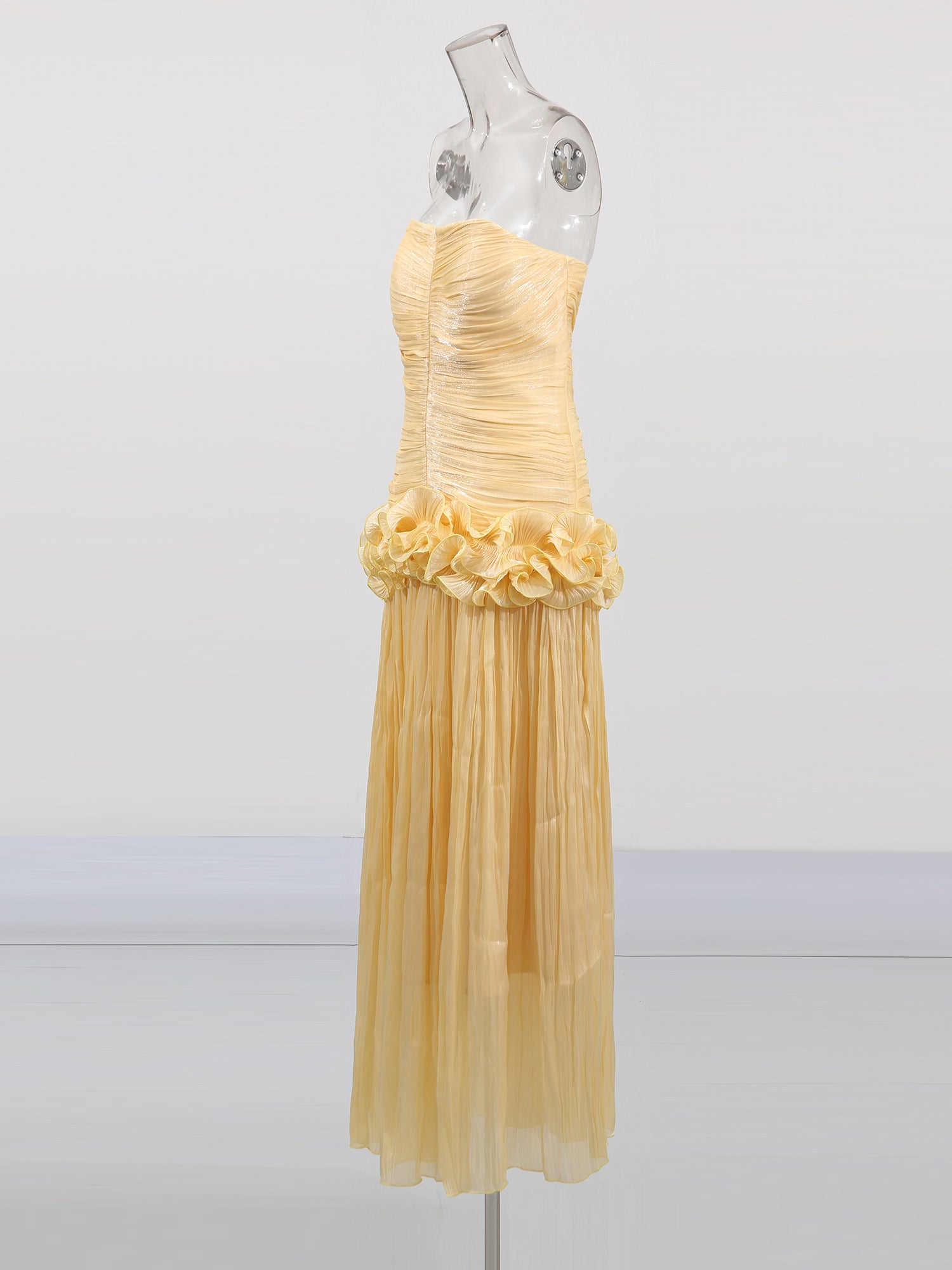 Elegant Yellow Strapless Maxi Dress with Ruffled Detail - SISPELL
