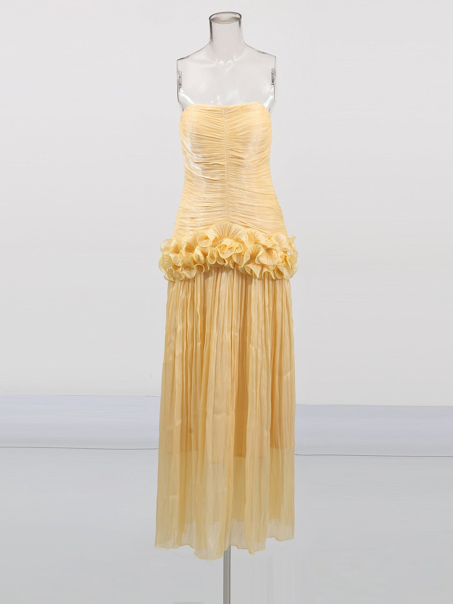 Elegant Yellow Strapless Maxi Dress with Ruffled Detail - SISPELL