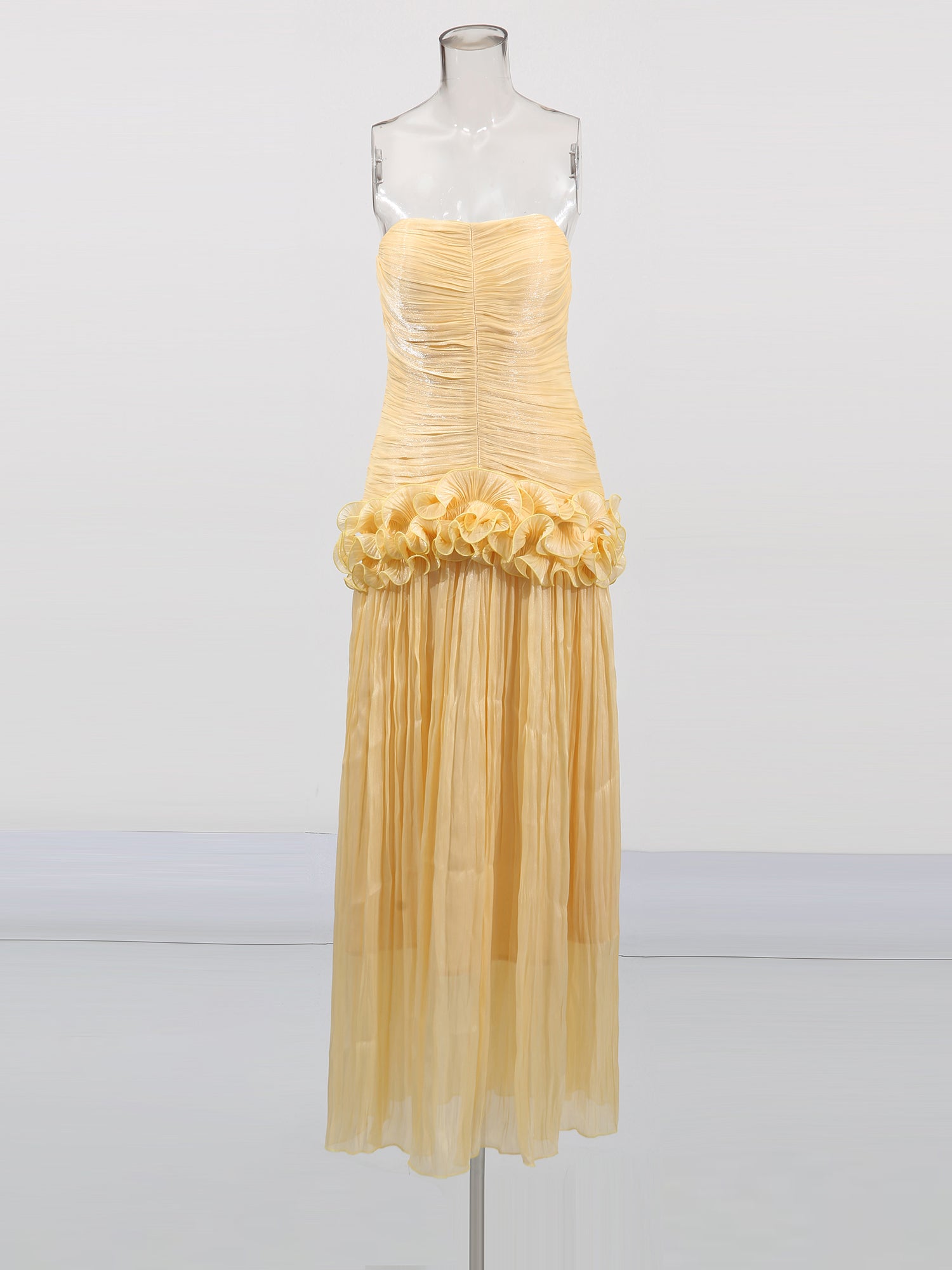 Elegant Yellow Strapless Maxi Dress with Ruffled Detail - SISPELL