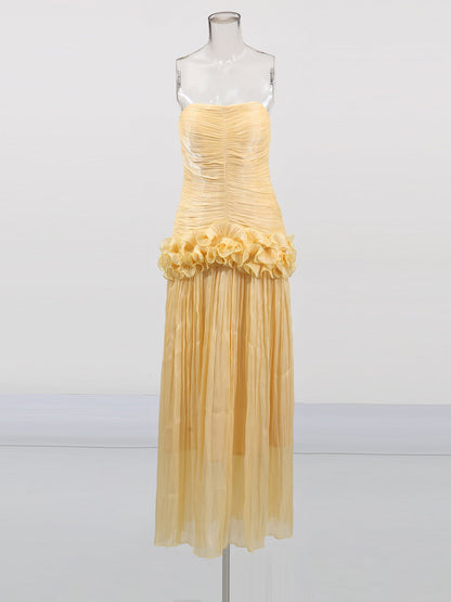 Elegant Yellow Strapless Maxi Dress with Ruffled Detail - SISPELL