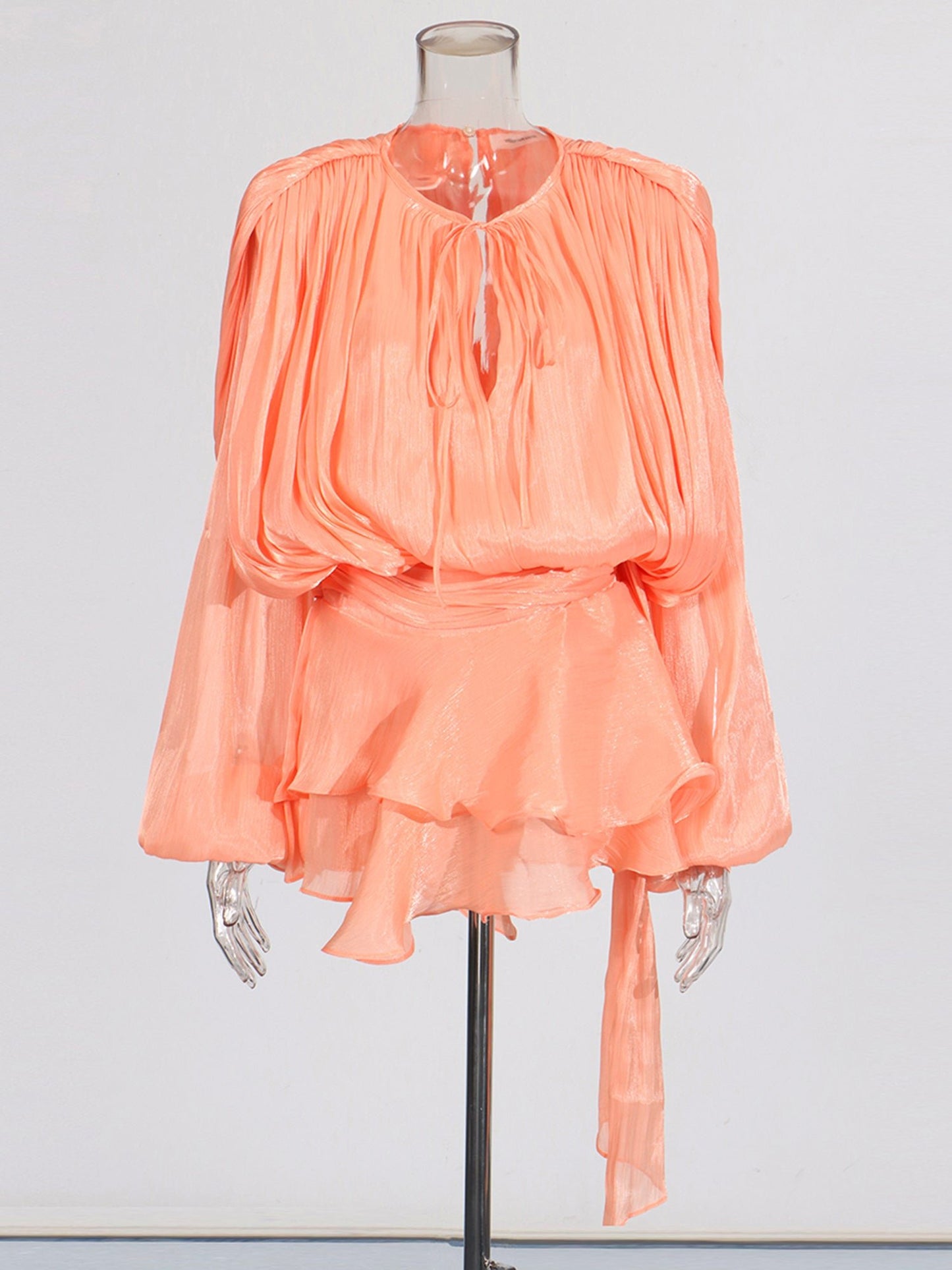 Enchanting Light Orange Tie - Neck Wrap Mini Dress - SISPELL