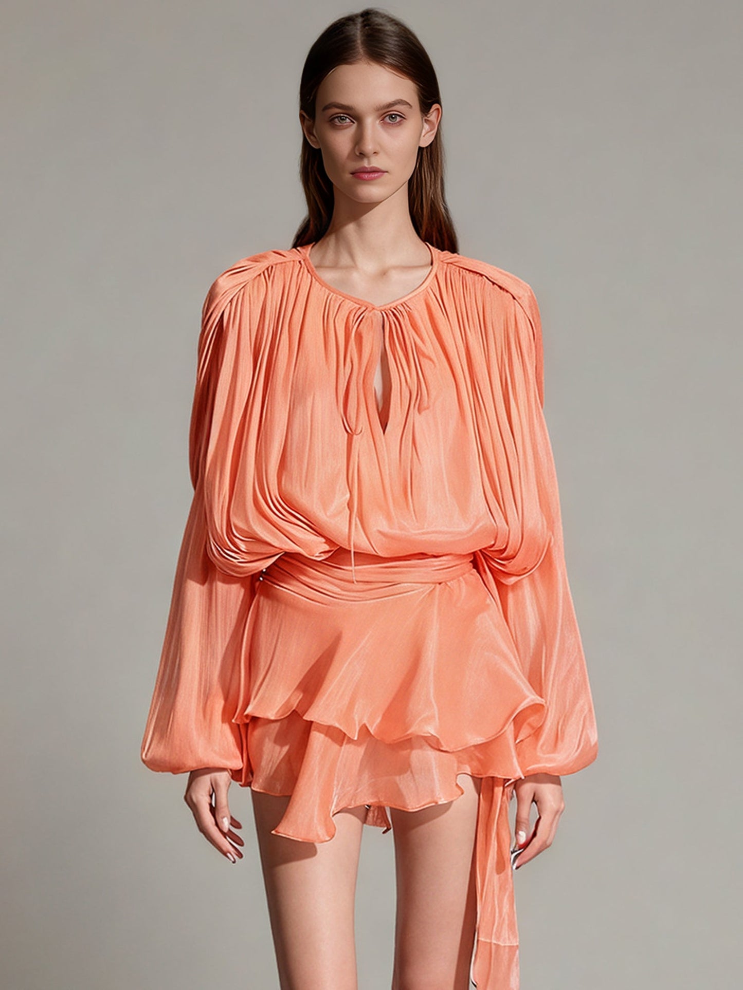 Enchanting Light Orange Tie - Neck Wrap Mini Dress - SISPELL