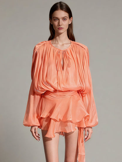 Enchanting Light Orange Tie - Neck Wrap Mini Dress - SISPELL