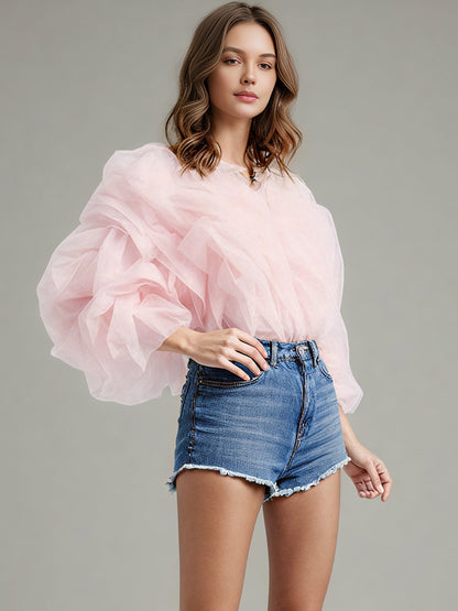 Enchanting Pink Ruffled Organza Crop Top - SISPELL