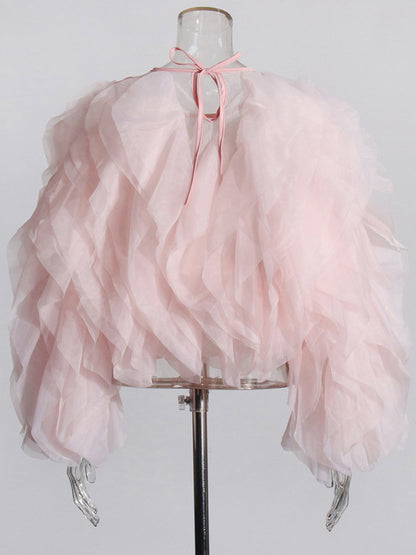 Enchanting Pink Ruffled Organza Crop Top - SISPELL
