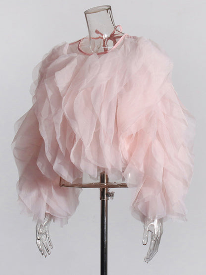 Enchanting Pink Ruffled Organza Crop Top - SISPELL