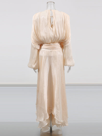 Ethereal Apricot Pleated Maxi Dress with Tie Neck - SISPELL