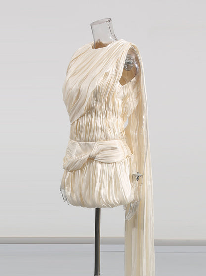 Ethereal Ivory Draped Asymmetric Mini Dress with Sash - SISPELL