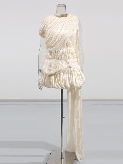 Ethereal Ivory Draped Asymmetric Mini Dress with Sash - SISPELL