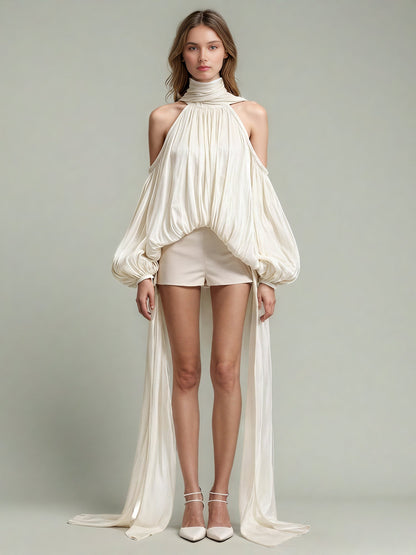 Ethereal Ivory Halter Neck Puff Sleeve Blouse with Draped Details - SISPELL