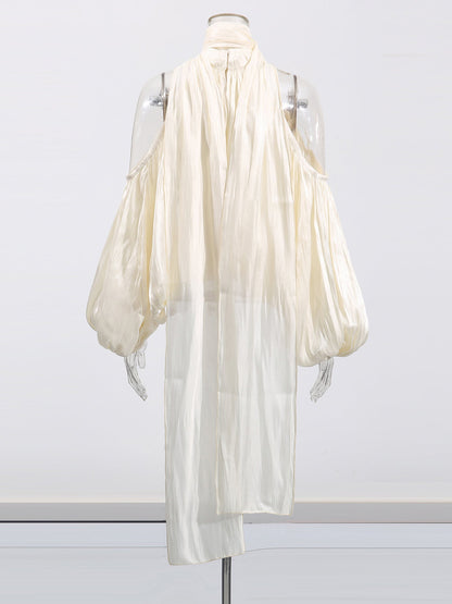 Ethereal Ivory Halter Neck Puff Sleeve Blouse with Draped Details - SISPELL