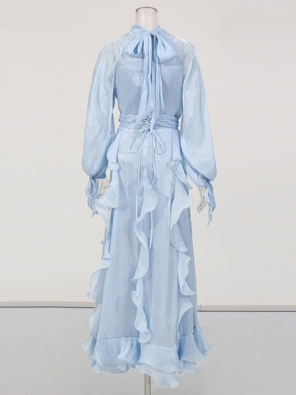 Ethereal Light Blue Ruffled Maxi Dress with Tie Cuffs - SISPELL
