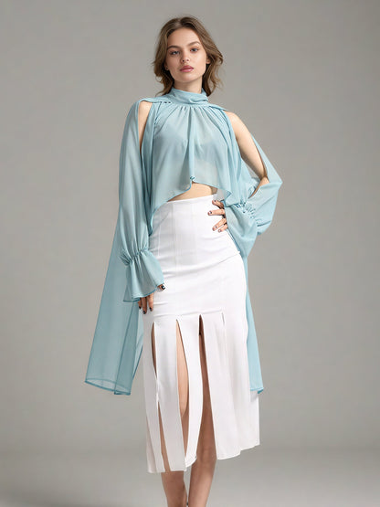Ethereal Light Blue Sheer High Neck Asymmetric Blouse - SISPELL