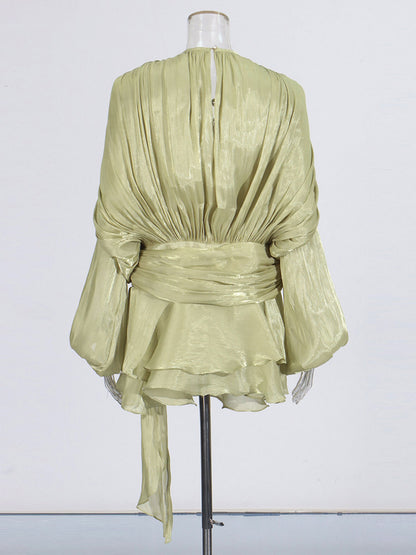 Exquisite Olive Green Tie - Neck Wrap Mini Dress - SISPELL