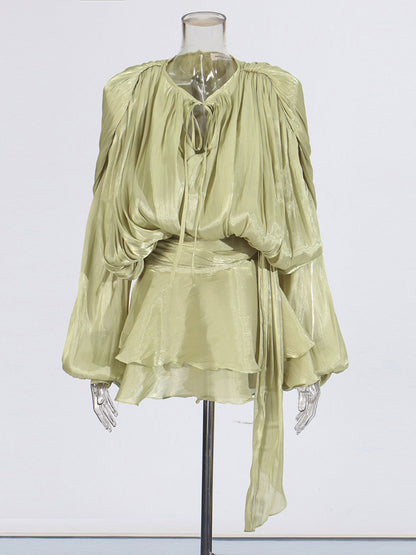 Exquisite Olive Green Tie - Neck Wrap Mini Dress - SISPELL