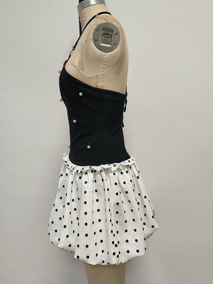 Hit Color Patchwork Pearls Short Dress