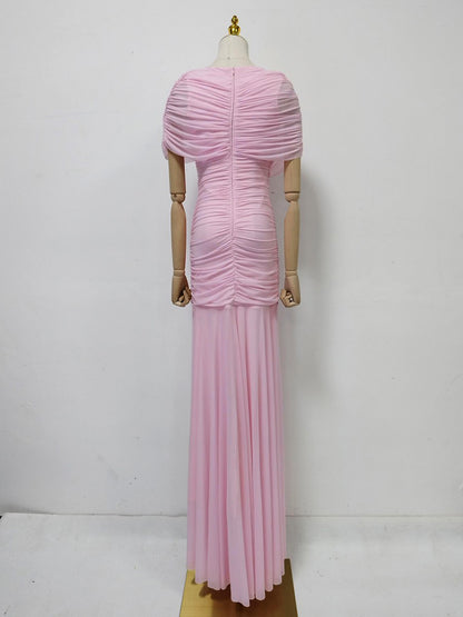 Pink Ruched Waist Draped Maxi Dress