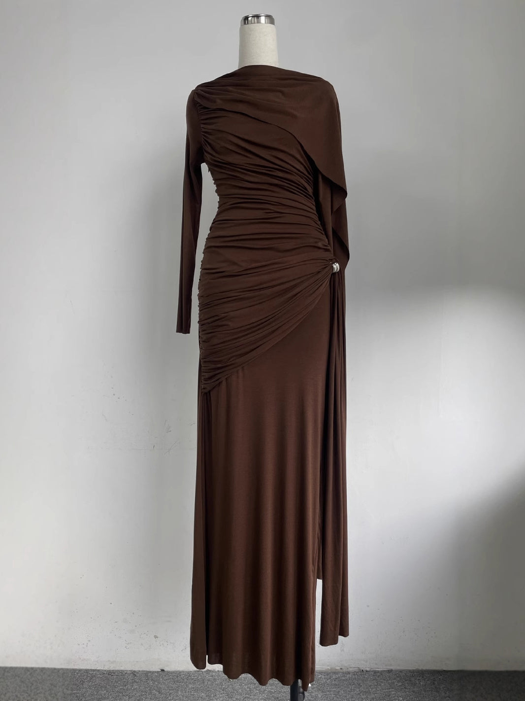 Solid Ruched Long Sleeves Long Dress