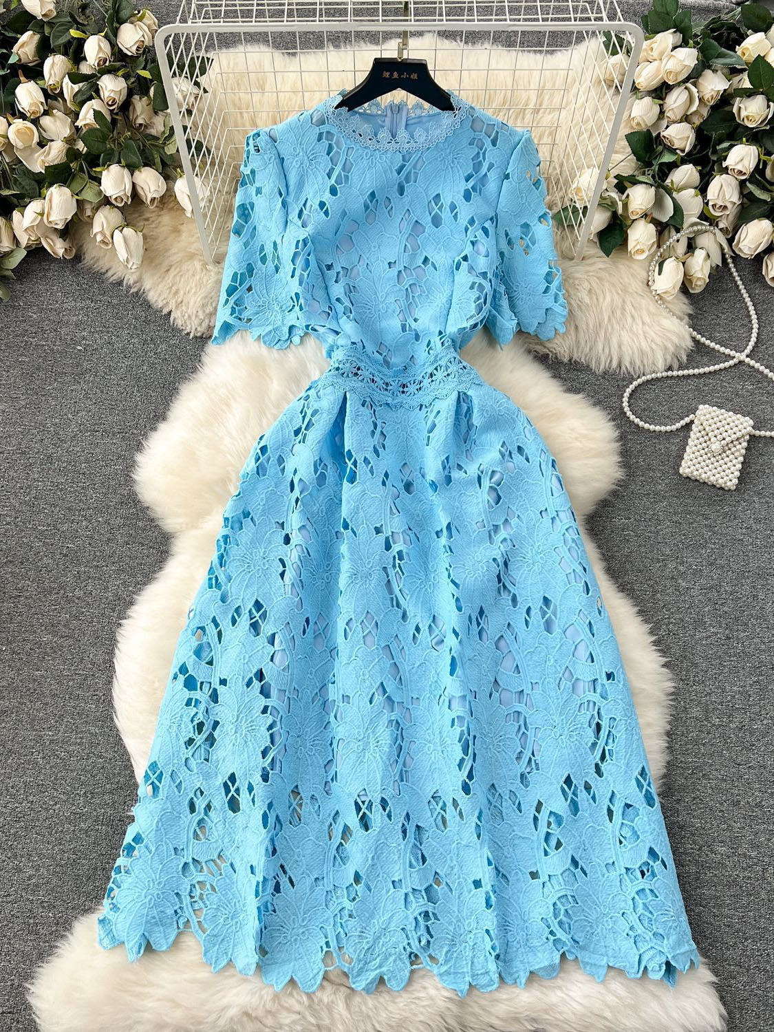Elegant Solid Hollow Out Midi Dress