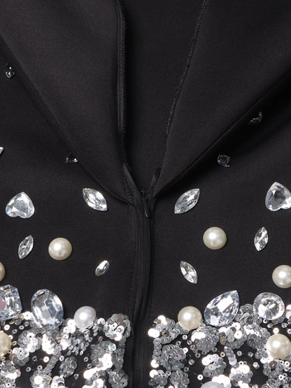Glamorous Black Blazer - Style Dress with Crystal and Pearl Embellishments - SISPELL