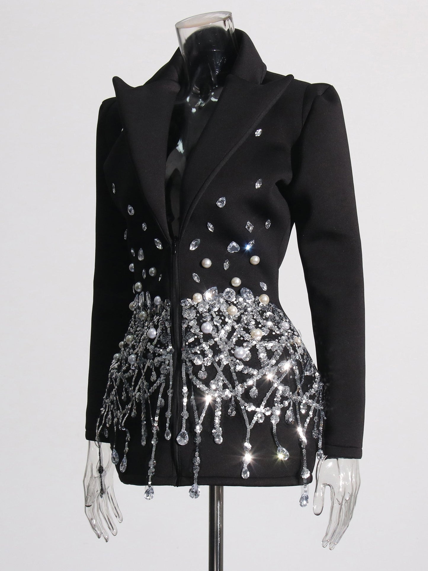 Glamorous Black Blazer - Style Dress with Crystal and Pearl Embellishments - SISPELL