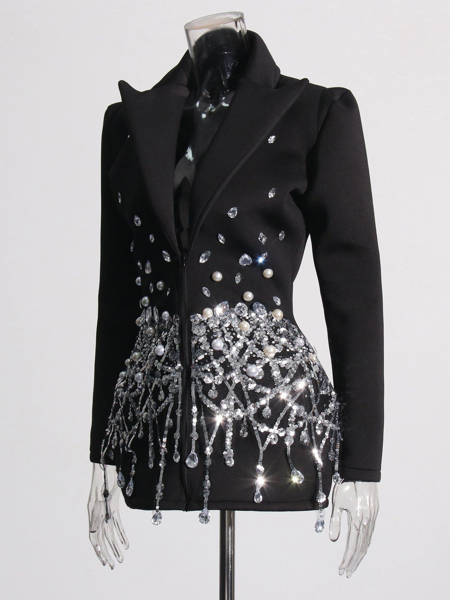 Glamorous Black Blazer - Style Dress with Crystal and Pearl Embellishments - SISPELL