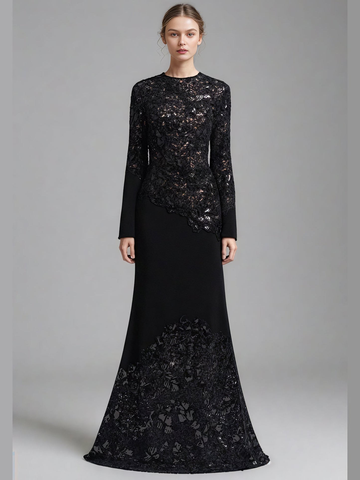 Glamorous Black Lace Embellished Long - Sleeve Maxi Dress - SISPELL