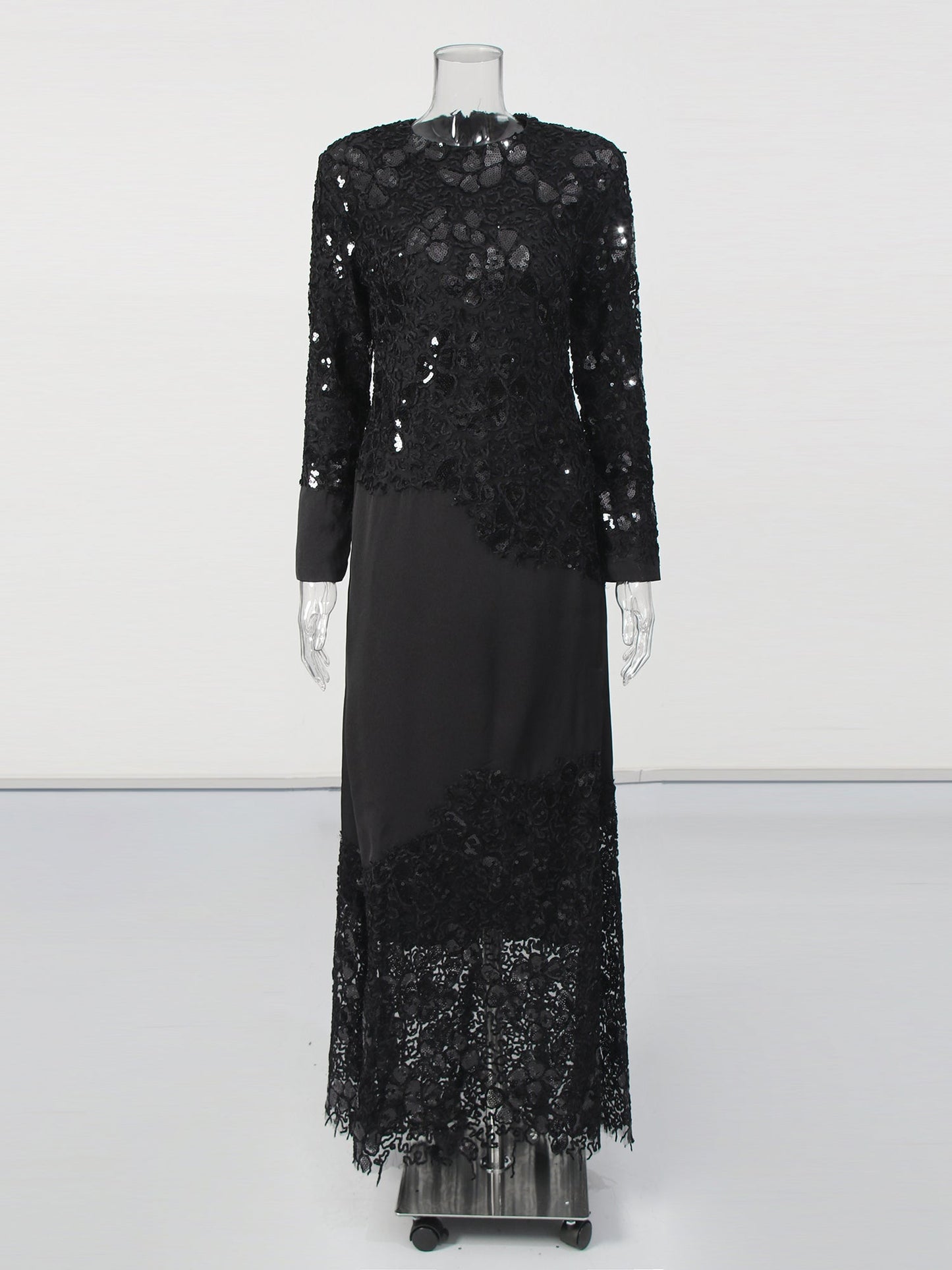 Glamorous Black Lace Embellished Long - Sleeve Maxi Dress - SISPELL