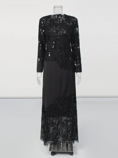 Glamorous Black Lace Embellished Long - Sleeve Maxi Dress - SISPELL