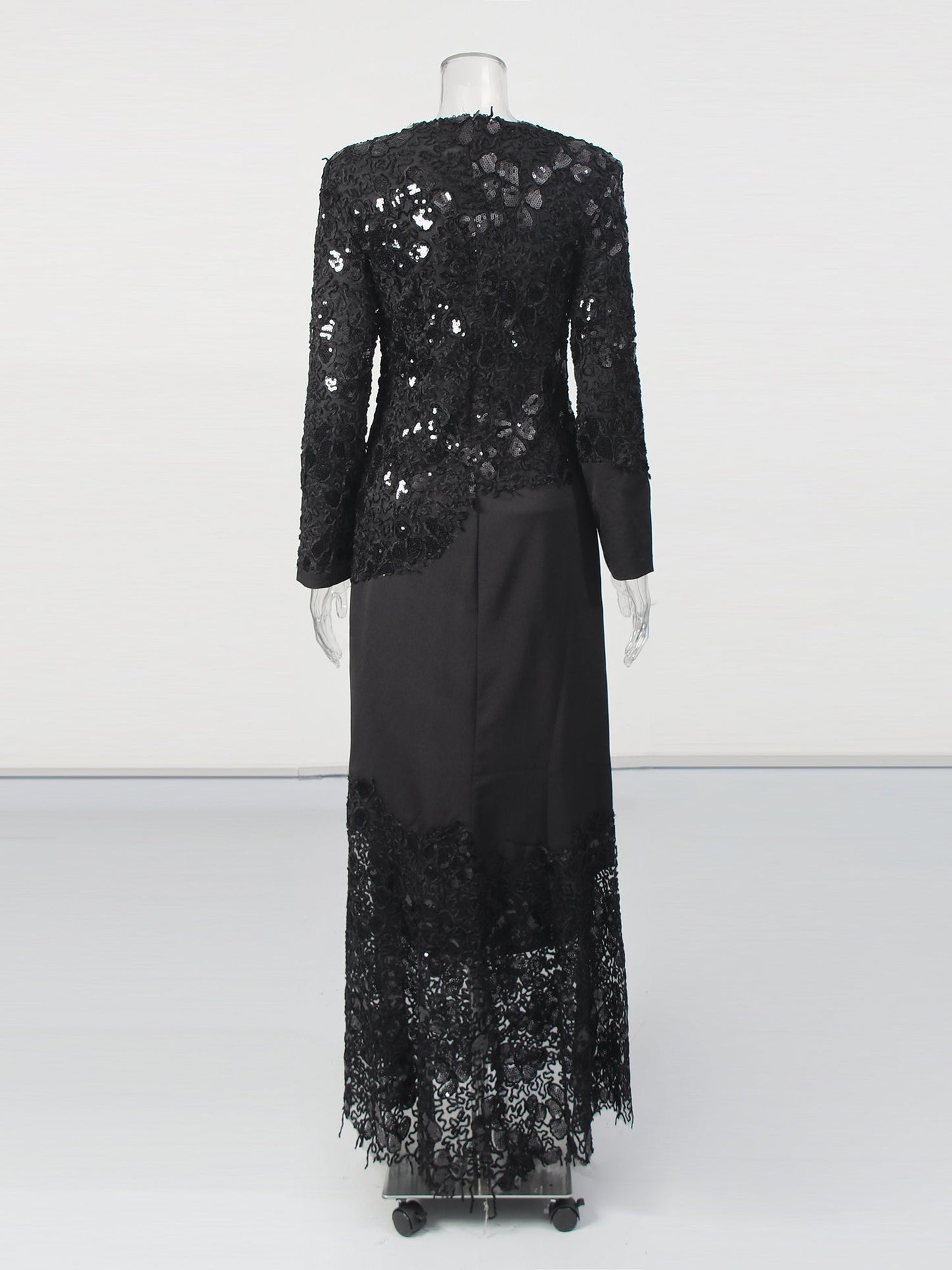 Glamorous Black Lace Embellished Long - Sleeve Maxi Dress - SISPELL