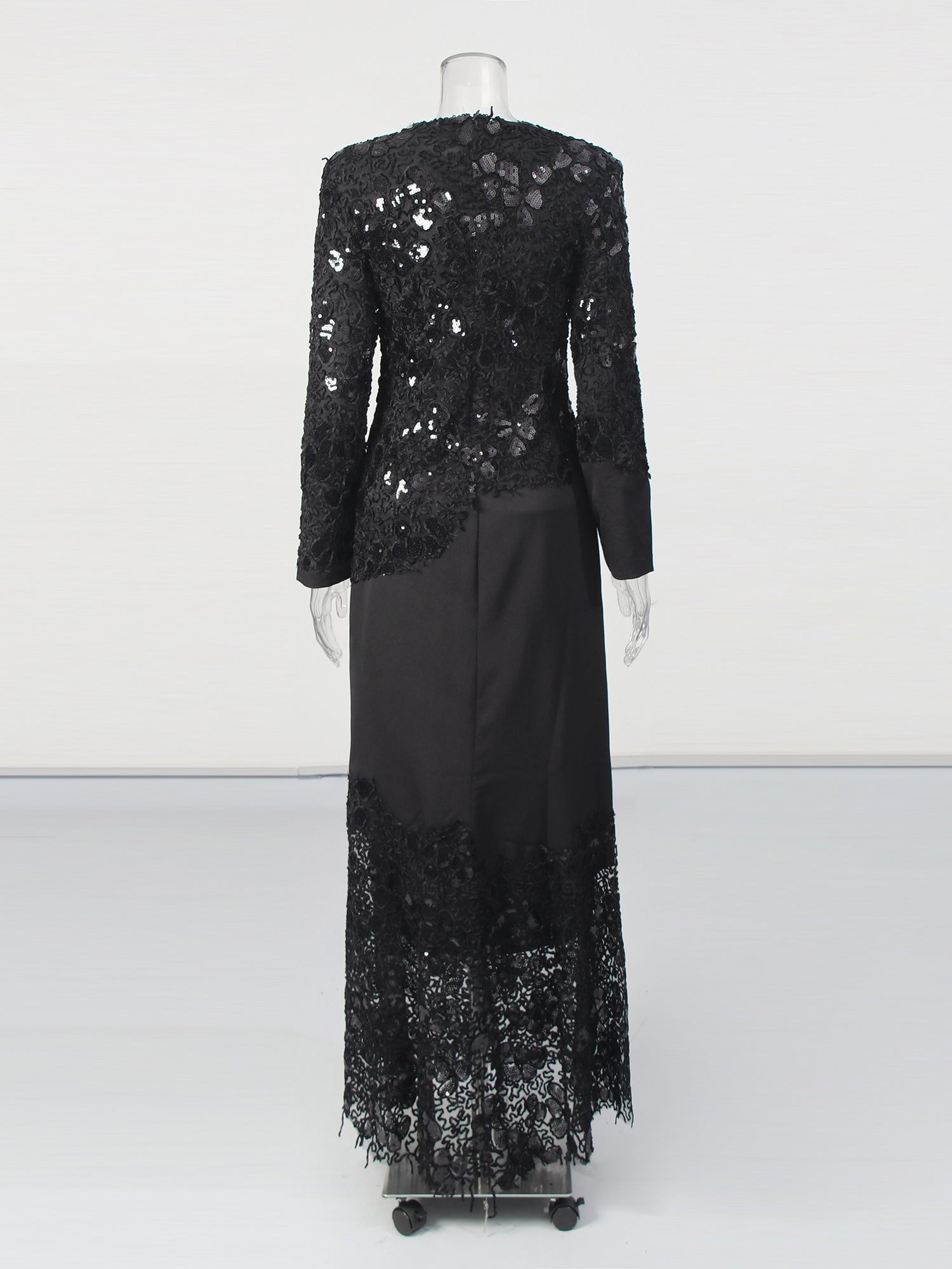 Glamorous Black Lace Embellished Long - Sleeve Maxi Dress - SISPELL