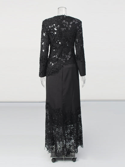 Glamorous Black Lace Embellished Long - Sleeve Maxi Dress - SISPELL