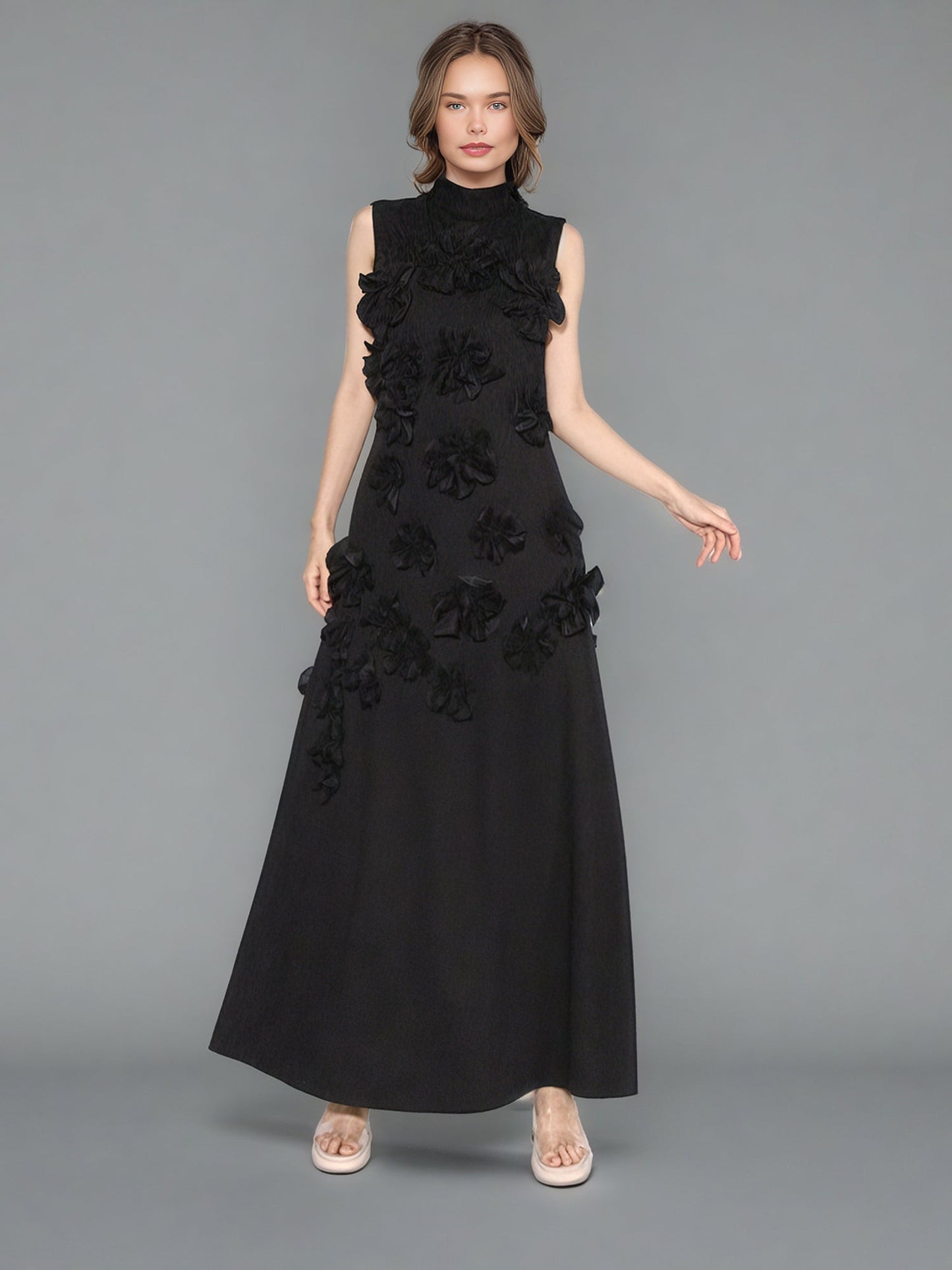 Glamorous Black Maxi Dress with 3D Floral Appliqués - SISPELL