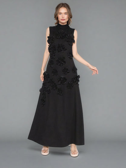 Glamorous Black Maxi Dress with 3D Floral Appliqués - SISPELL