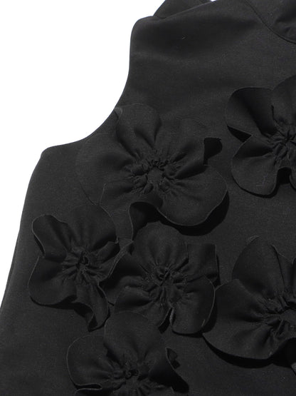 Glamorous Black Maxi Dress with 3D Floral Appliqués - SISPELL