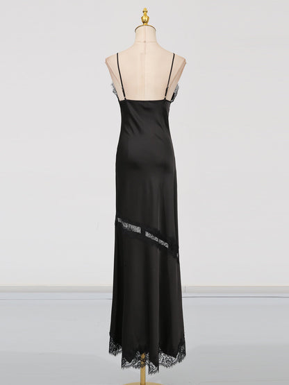 Glamorous Black Satin Maxi Dress with Lace Details - SISPELL