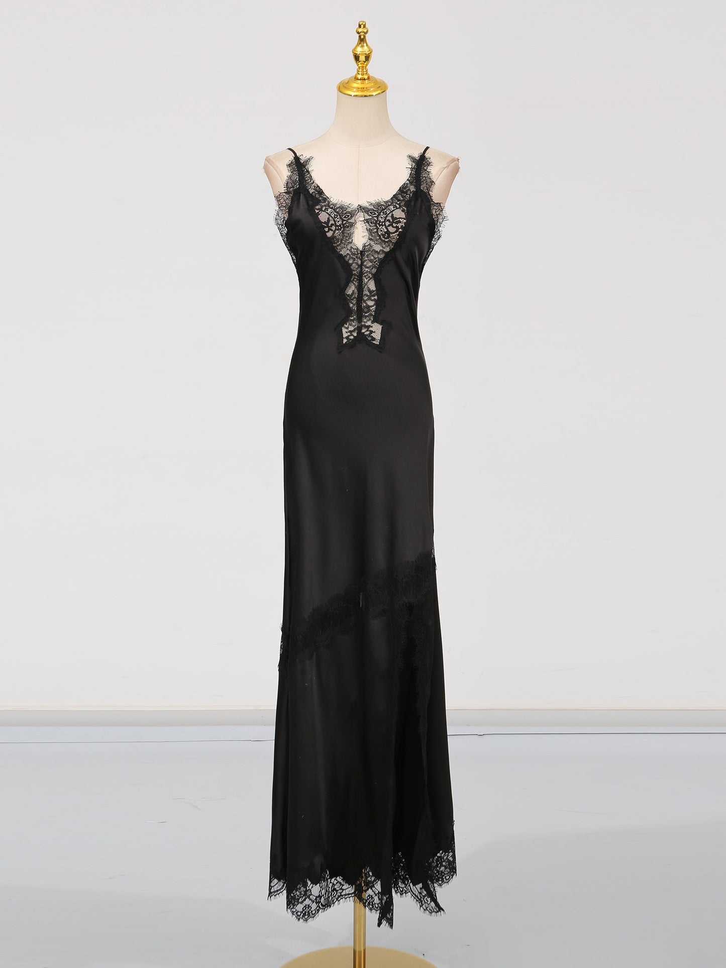 Glamorous Black Satin Maxi Dress with Lace Details - SISPELL