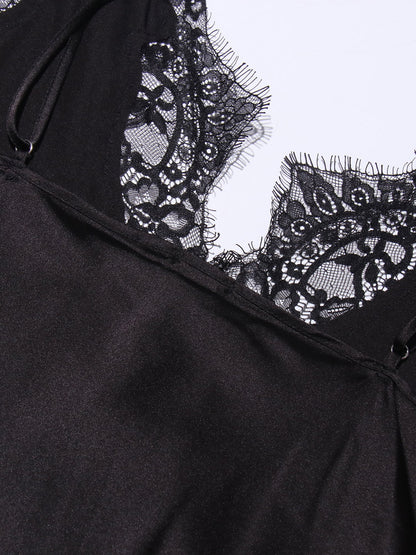 Glamorous Black Satin Maxi Dress with Lace Details - SISPELL