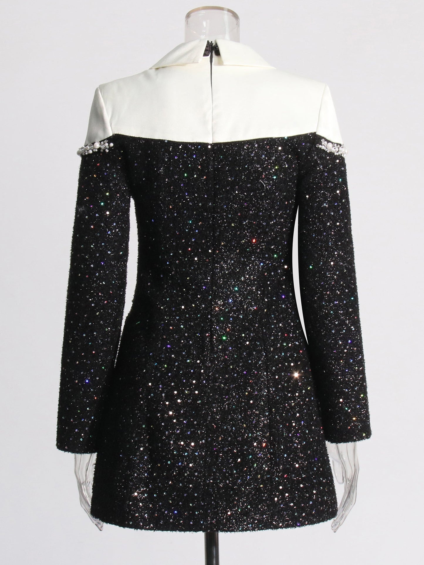 Glamorous Black Tweed Pearl - Embellished Mini Dress - SISPELL