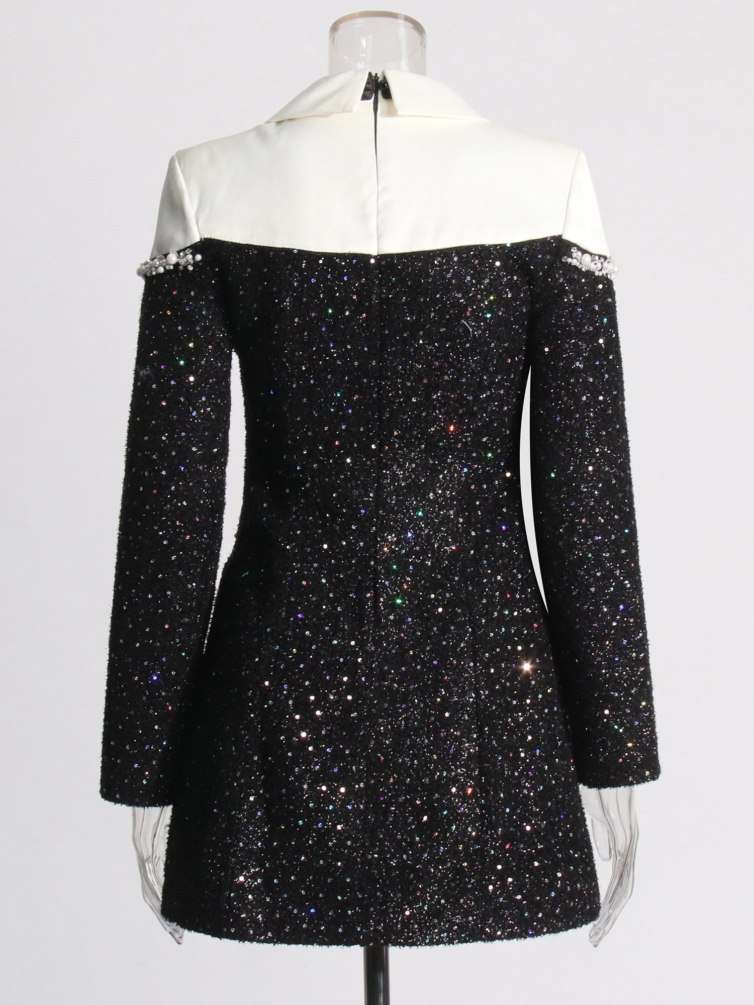 Glamorous Black Tweed Pearl - Embellished Mini Dress - SISPELL