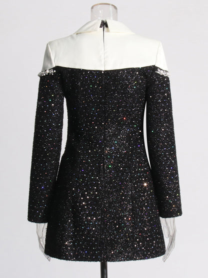 Glamorous Black Tweed Pearl - Embellished Mini Dress - SISPELL
