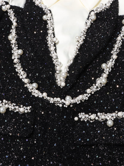 Glamorous Black Tweed Pearl - Embellished Mini Dress - SISPELL