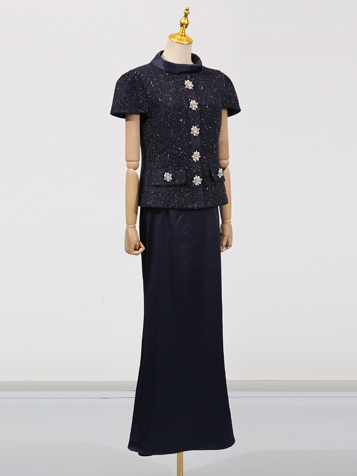 Glamorous Navy Blue Embellished Top and Skirt Set - SISPELL