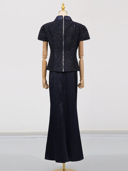 Glamorous Navy Blue Embellished Top and Skirt Set - SISPELL