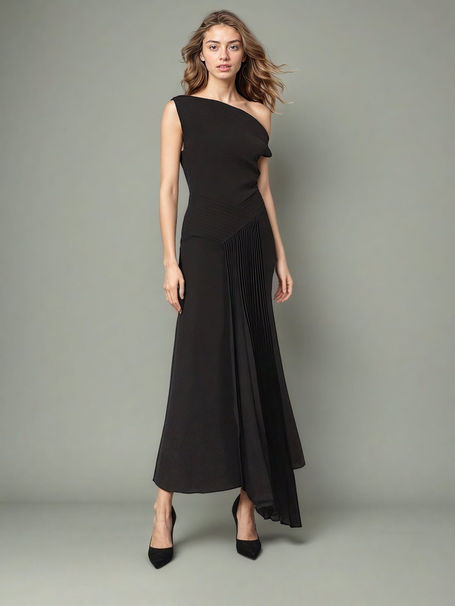 Glamorous One - Shoulder Pleated Black Maxi Dress - SISPELL