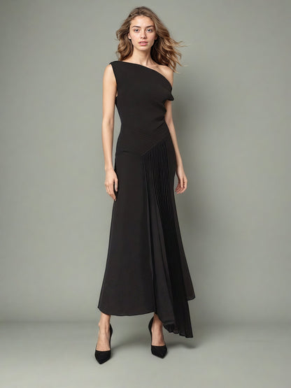 Glamorous One - Shoulder Pleated Black Maxi Dress - SISPELL