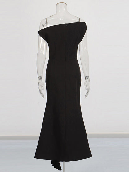 Glamorous One - Shoulder Pleated Black Maxi Dress - SISPELL