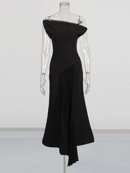 Glamorous One - Shoulder Pleated Black Maxi Dress - SISPELL